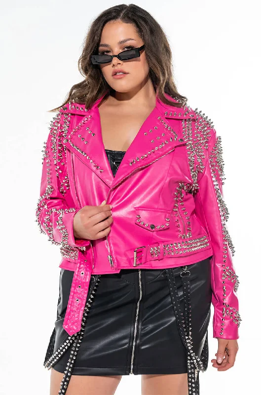 women's coats with removable fur liningsPLUS AZALEA WANG ALL PINK SOFI STUDDED MOTO JACKET