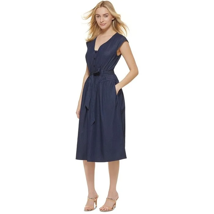 women's shift dressesDkny Women's Denim Cap Sleeve Tie Waist Midi Dress Blue Size 8