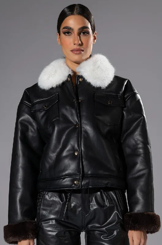 women's coats for layeringMEET ME AT OUR SPOT PU TRUCKER JACKET