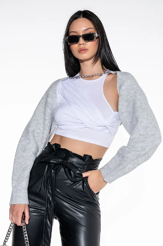 women's tops with cinched waistsCELESTE CHAIN SHRUG SWEATER