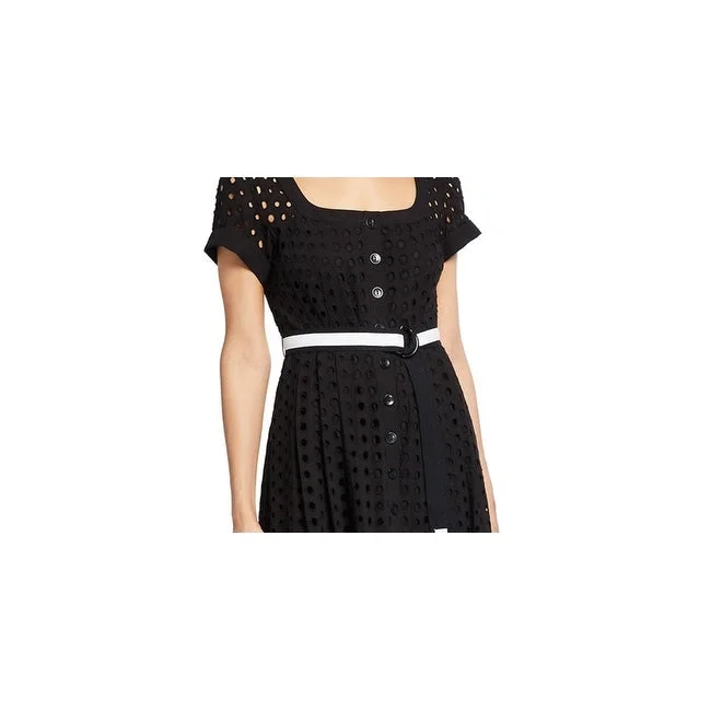 Solid Color DressNanette Lepore Women's Inner Circle Belted Eyelet Midi Dress Black Size 10