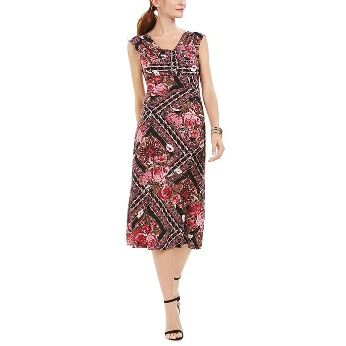 women's high-low dressesConnected Women's Ruffled Floral Cap Sleeve Scoop Neck MIDI Formal Pencil Dress Black Multi Size 6