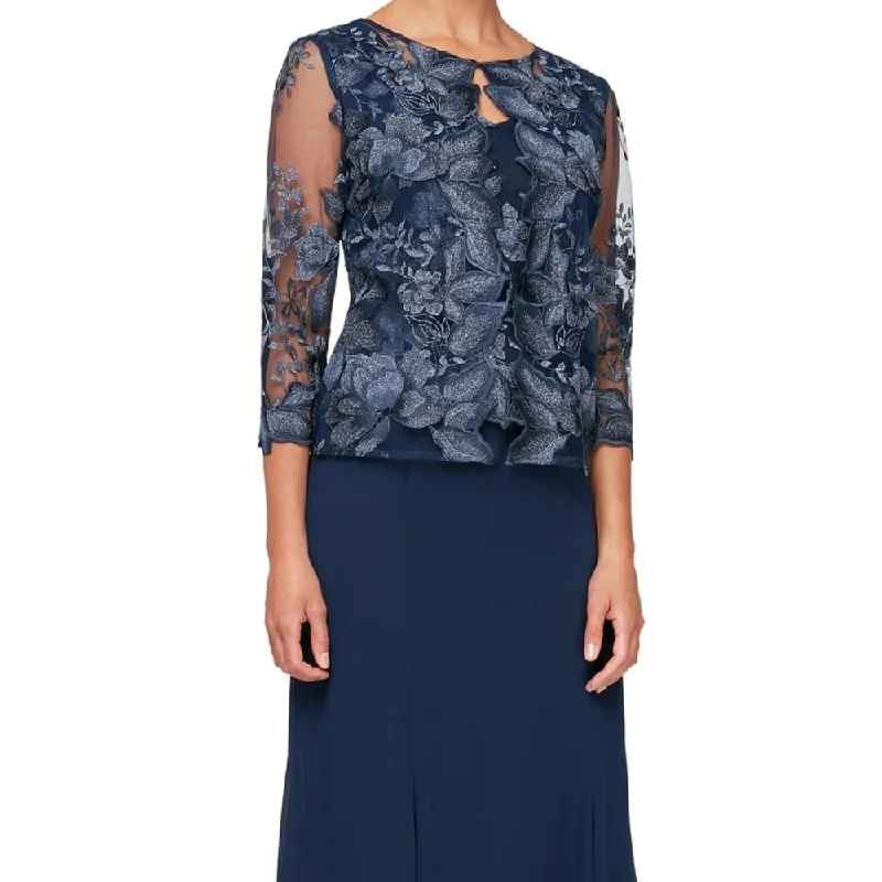 women's lace dressesAlex Evenings Women's Mock Jacket Midi Dress Blue Size 4