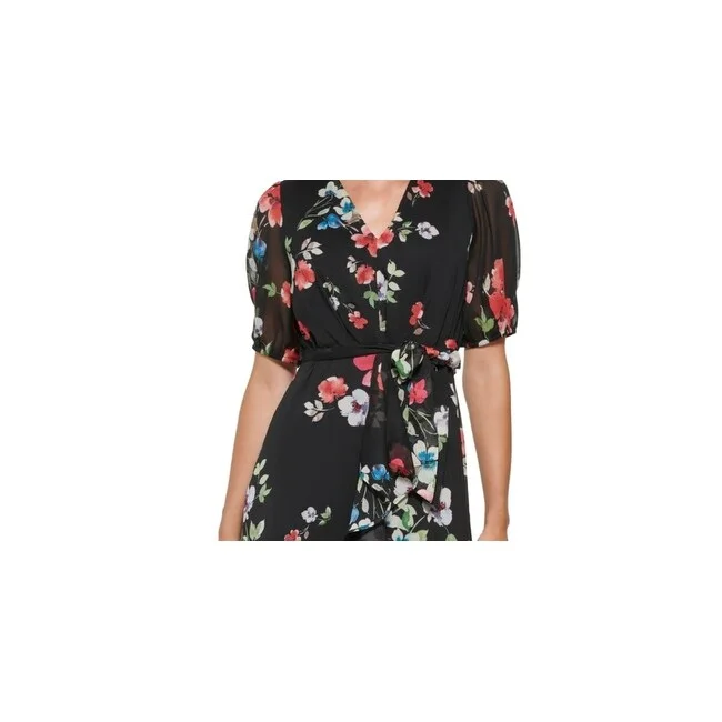 Zip-Up DressDkny Women's Floral Print Ruffled Midi Dress Black Size 2