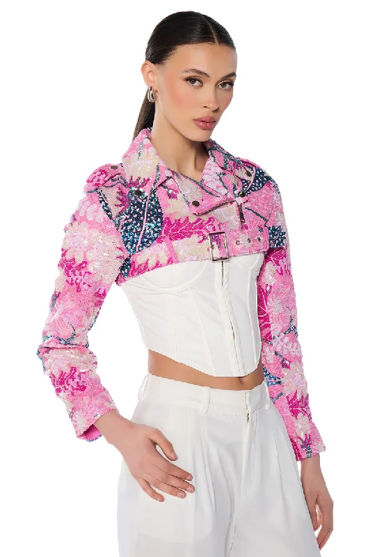 women's coats for snowboardingULTRA CROP MOTO WITH FLORAL SEQUINS