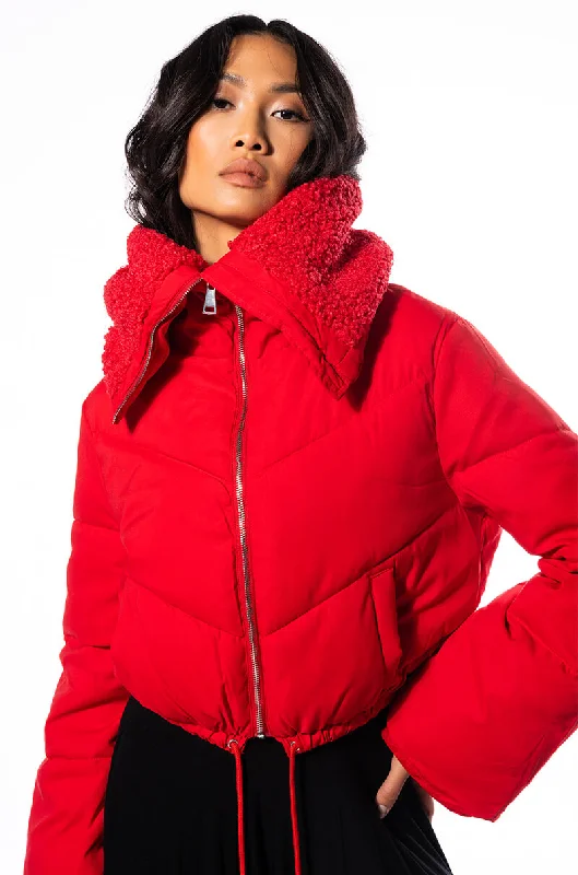 elegant women's coatsAMANDA CROP PUFFER WITH SHERPA COLLAR