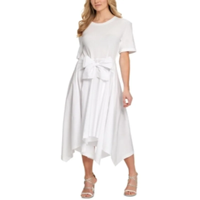 Crepe DressDKNY Women's Mixed Media Asymmetrical Hem Midi Dress White Size Large