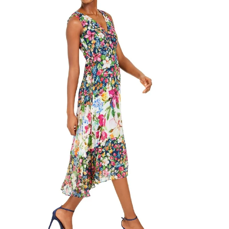 Ribbon DressTaylor Women's Pleated Floral Print Midi Sheath Dress Blue Size 4