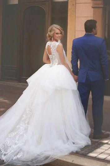 women's off-the-shoulder dressesA-Line Ball Gown Empire Mini Jewel Bell Empire Dropped Appliques Cathedral Train Tulle Dress