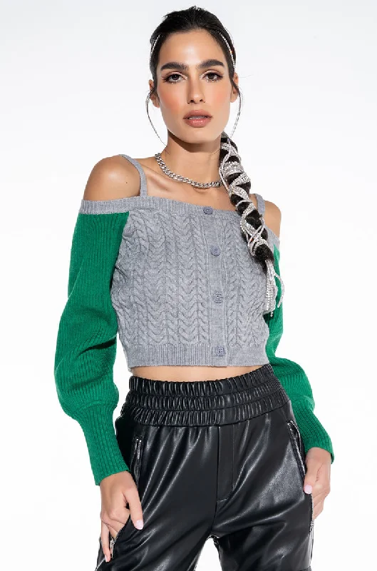 women's tops with sheer overlaysASPEN OFF THE SHOULDER COLORBLOCK SWEATER