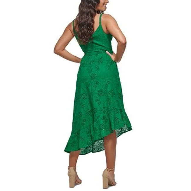 women's cotton dressesGuess Women's Cotton Eyelet Asymmetric Midi Dress Green Size 14