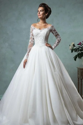 women's cinched-waist dressesA-Line Ball Gown Empire Mini Jewel V-Neck Long Sleeve Bell Empire Dropped Appliques Court Train Backless Tulle Lace Dress