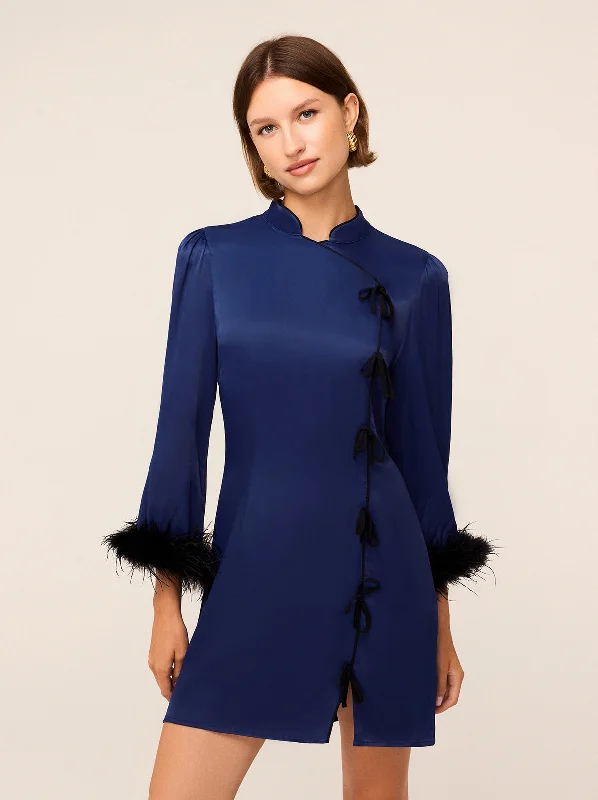 women's affordable dressesNaomi Navy Satin Feather Mini Dress