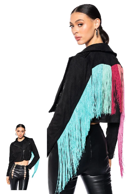 women's wool coatsFRINGE BACK LIGHT WEIGHT MOTO JACKET