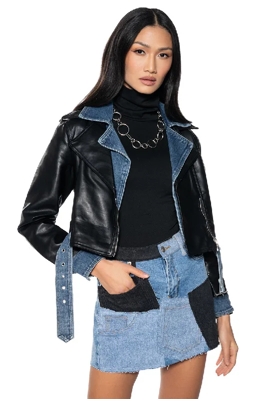 affordable women's coatsDOUBLE TROUBLE DENIM MOTO JACKET