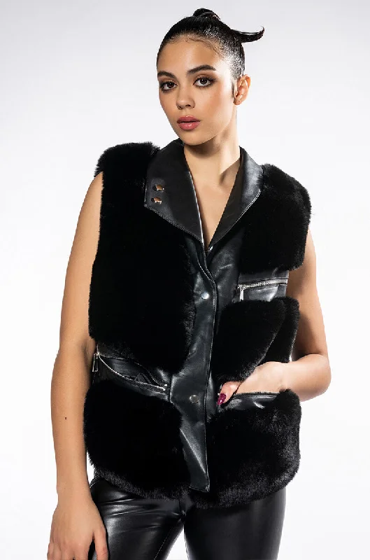 women's coats with Victorian-era influencesOVERSIZE MOTO VEST WITH FAUX FUR