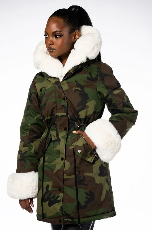 leather coats for womenFUR LINED CAMO COAT