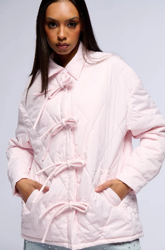 women's coats with asymmetrical hemsTRIBECCA PALE PINK QUILTED BOMBER WITH BOWS