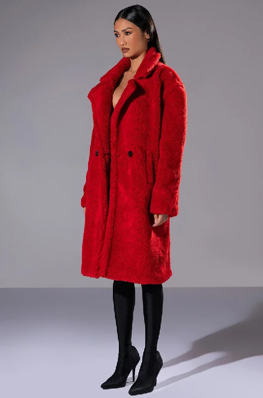 vegan women's coats (fur-free options)CLASSIC TEDDY TRENCH IN RED