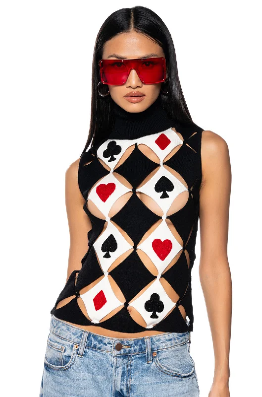 women's tops for gala dinnersPLAYING CARDS TURTLENECK CUT OUT KNIT TOP