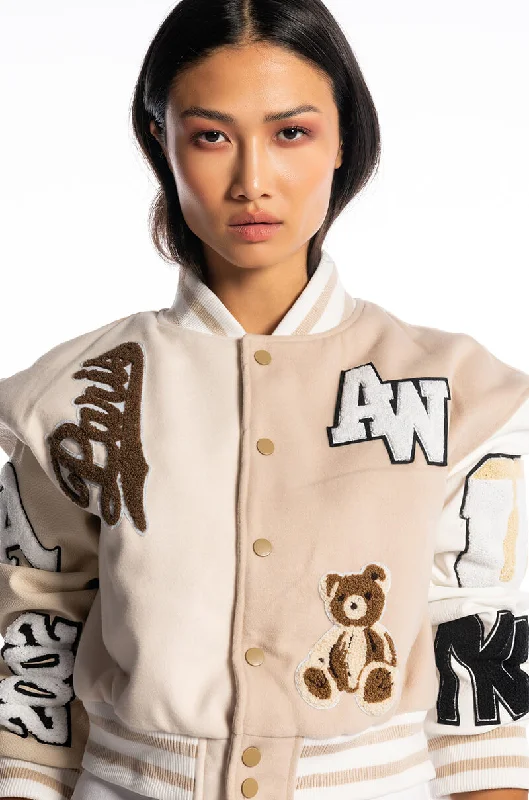 women's coats with beadwork accentsAZALEA WANG BEIGE RUELA VARSITY JACKET