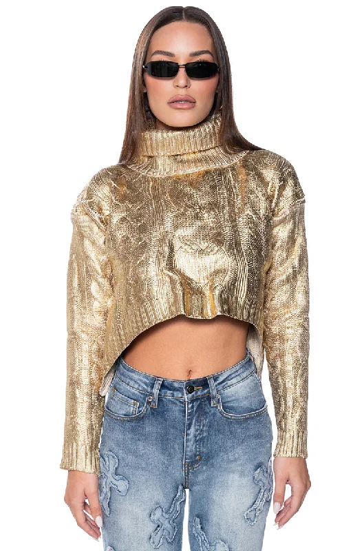 women's tops for business casual attireESME METALLIC COATED TURTLENECK SWEATER