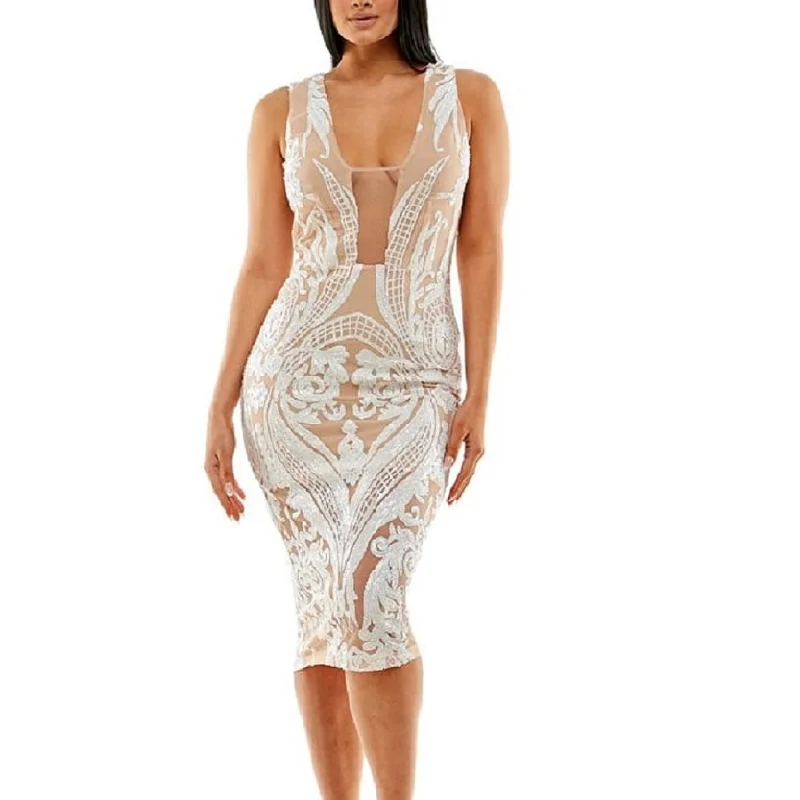 women's wedding guest dressesBebe Women's Sequined Illusion Bodycon Midi Dress White Size X-Large