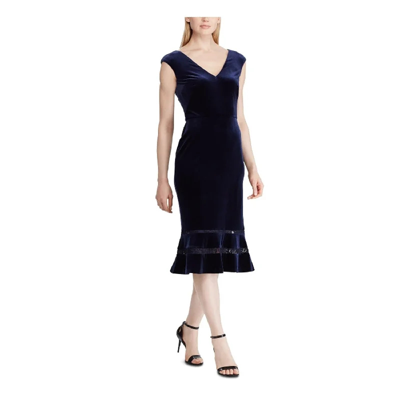 Sleeveless DressRALPH LAUREN Women's Cap Sleeve V Neck MIDI Sheath Evening Dress Navy Size 2