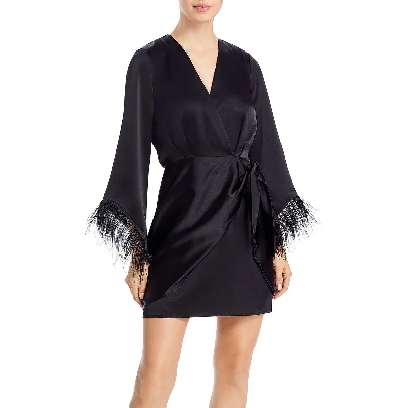 Body-Hugging DressWAYF Womens Faux Feather Trim Mini Wrap Dress