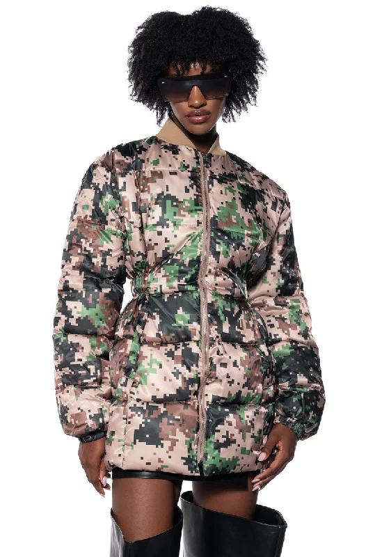 women's coats for petite womenPIXIL CAMO PEPLUM PUFFER JACKET