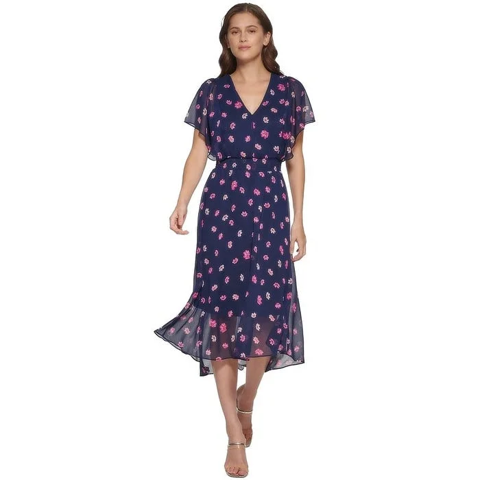 Custom DressDkny Women's Floral Flutter Sleeve Midi Dress Blue Size 2