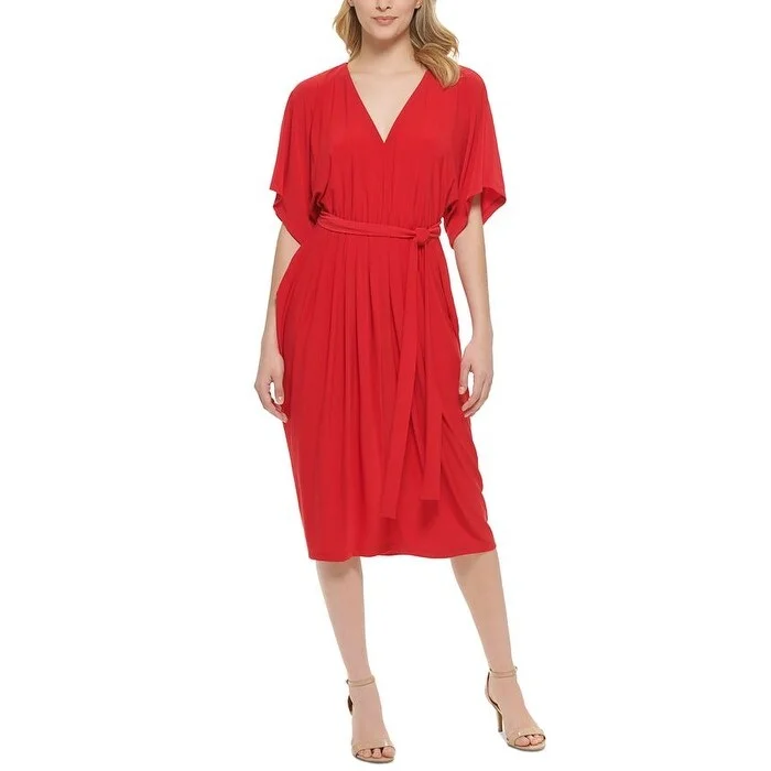 High-Neck DressTommy Hilfiger Women's V Neck Tie Waist Midi Dress Red Size 12