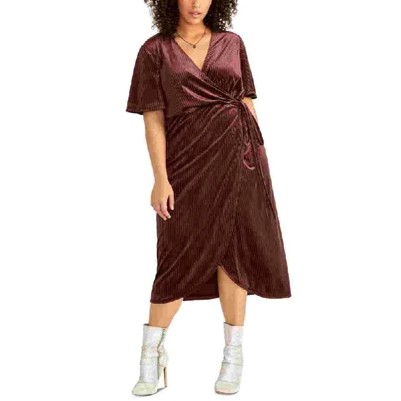 Casual DressRachel Roy Women's Velvet Short Sleeve V Neck Midi Wrap Dress Wear To Work Dress Burgundy Size 0X