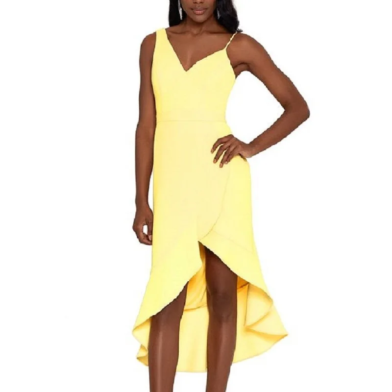 women's short-sleeved dressesXscape Women's Ruffled High Low Midi Sheath Dress Yellow Size 6