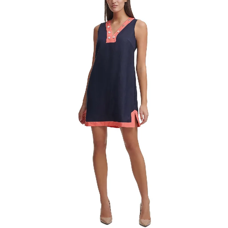 women's cinched-waist dressesTommy Hilfiger Womens Petites Colorblock Mini Shift Dress