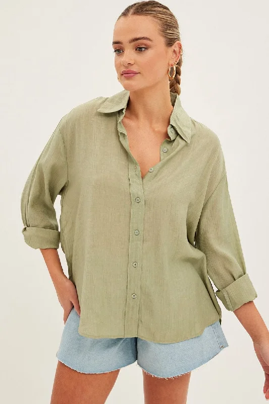 satin women's topsGreen Textured Shirt Long Sleeve Collared