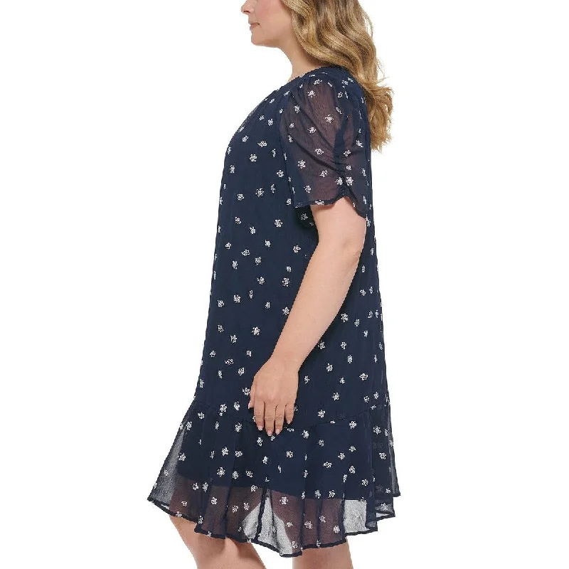 women's cotton dressesDkny Women's Embroidered Calf Midi Dress Blue Size 22W