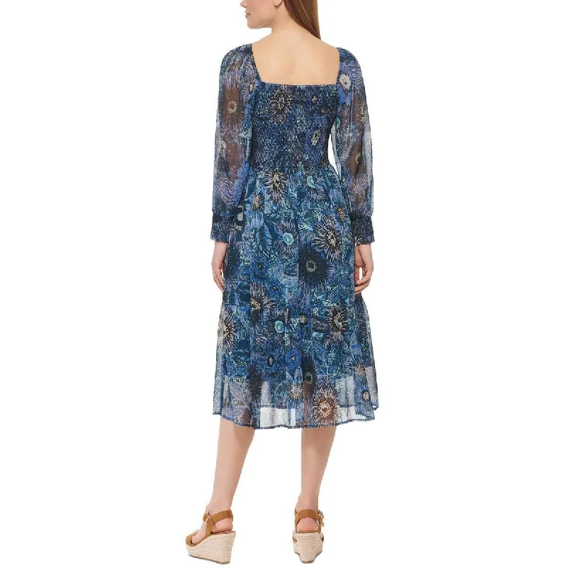 women's wrinkle-resistant dressesVince Camuto Women's Floral Print Smocked Midi Dress Blue Size 14