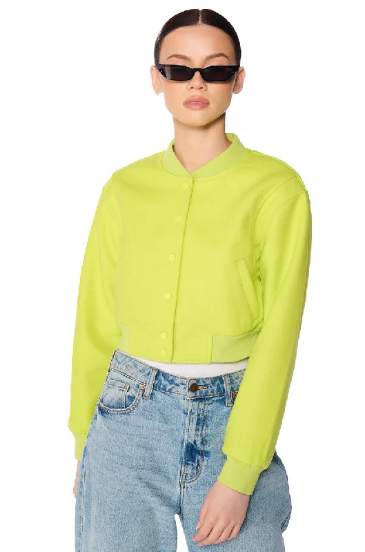 women's coats for winter sports enthusiastsDAVIS EVERYDAY VARSITY BOMBER IN NEON GREEN