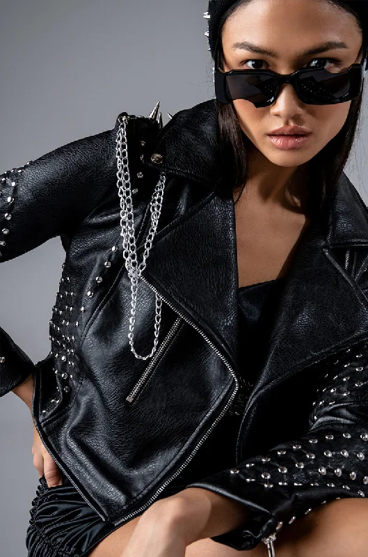 women's stylish coatsAZALEA WANG SIMPLE CHAIN STUD MOTO JACKET