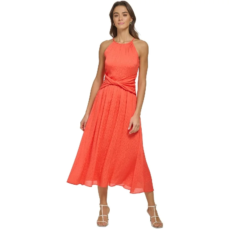 Floral DressDkny Women's Halter Neck Twist Waist Sleeveless Midi Dress Orange Size 12