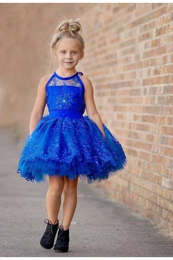 women's evening dressesNewest Royal Blue Lace Appliques Flower Girl Dress Halter Puffy Mini