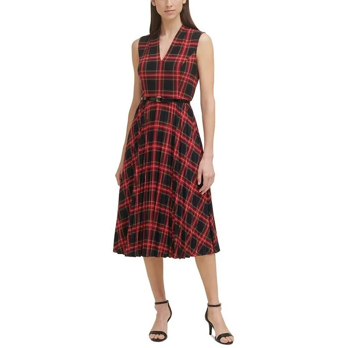 women's fair-trade dressesTommy Hilfiger Women's V Neck Sleeveless Plaid Jersey Midi Dress Black Size 6