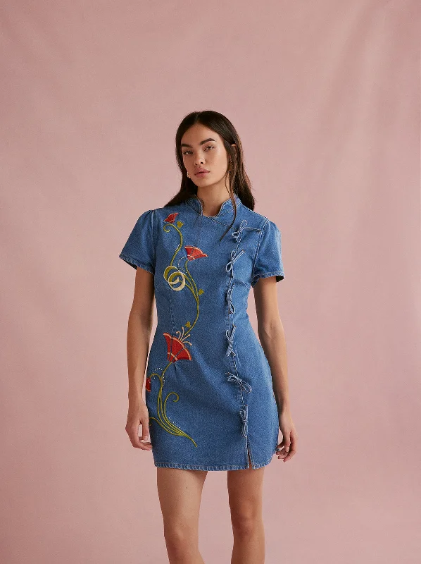 High-Low DressHarlow Embroidered Denim Mini Dress