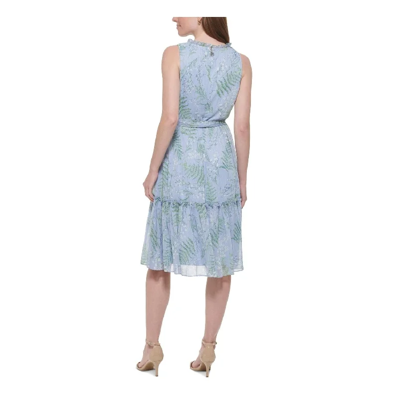 Tiered DressTommy Hilfiger Women's Zippered Ruffled Tie Belt Floral Sleeveless Round Neck Midi Fit Flare Dress Blue Size 8