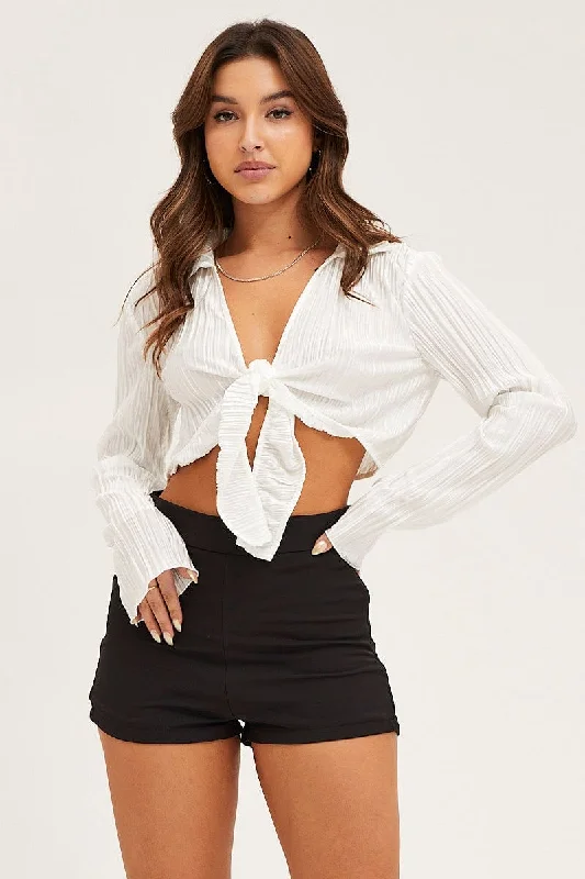 women's tops for black-tie affairsWhite Crop Shirts Long Sleeve