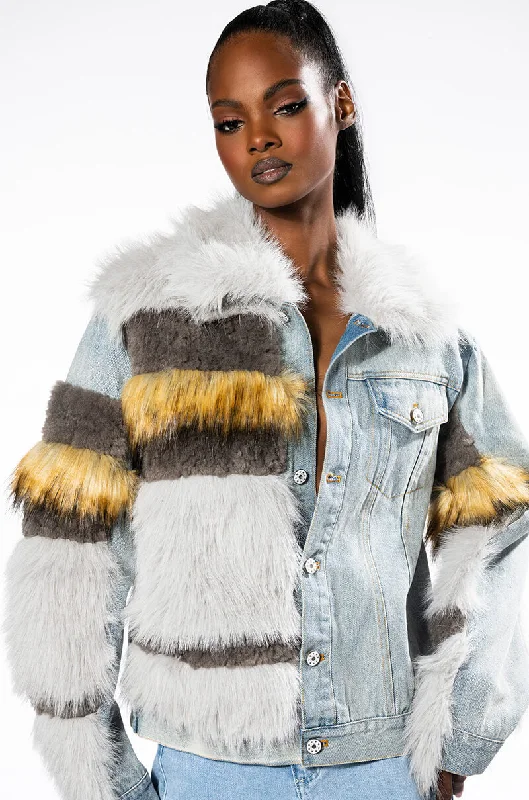 women's coats for black-tie affairsBIA FAUX FUR LAYERED DENIM