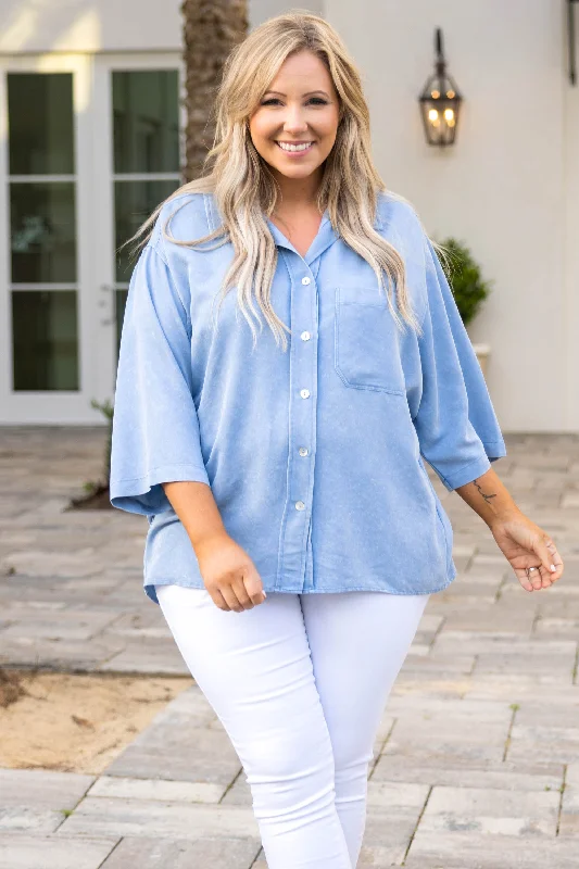 women's tops for minimalist aestheticsNeedless To Say Top, Light Denim