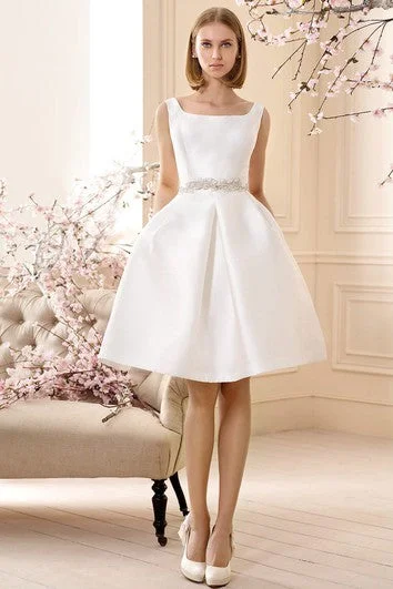 women's one-shoulder dressesA Line Jeweled Sleeveless Short Mini Square Neck Satin Wedding Dress