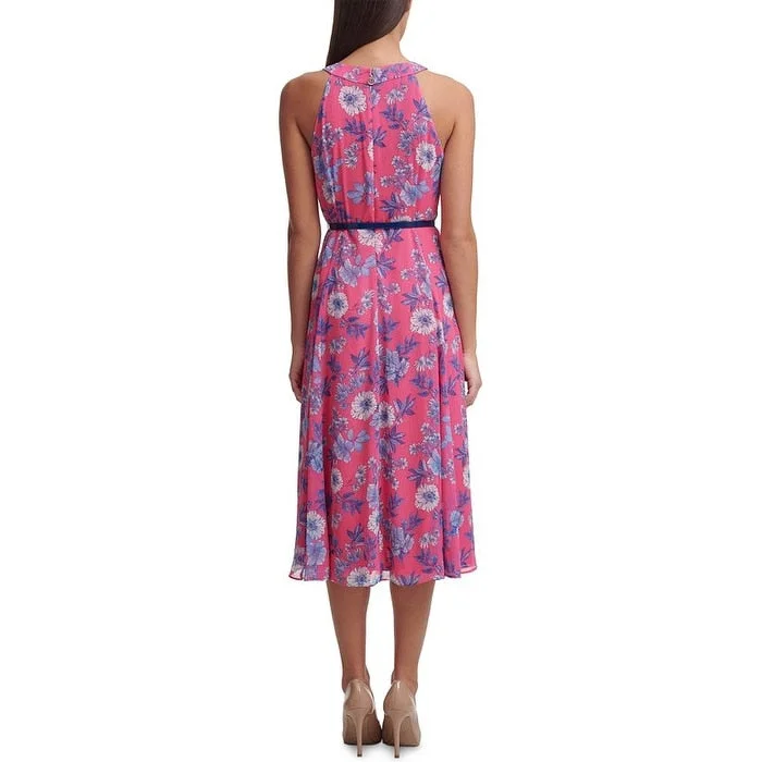 Polka-Dot DressTommy Hilfiger Women's Floral Chiffon Belted Midi Dress Pink Size 2